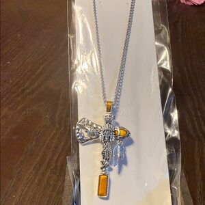 Silver-tone Cross Pendant Necklace with Amber Accents